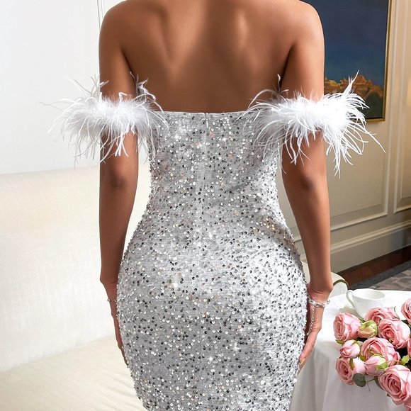 Silver Boho Womens Off Shoulder Fuzzy Trim Sequin Zip Back Bodycon Dress - Picture 2 of 5